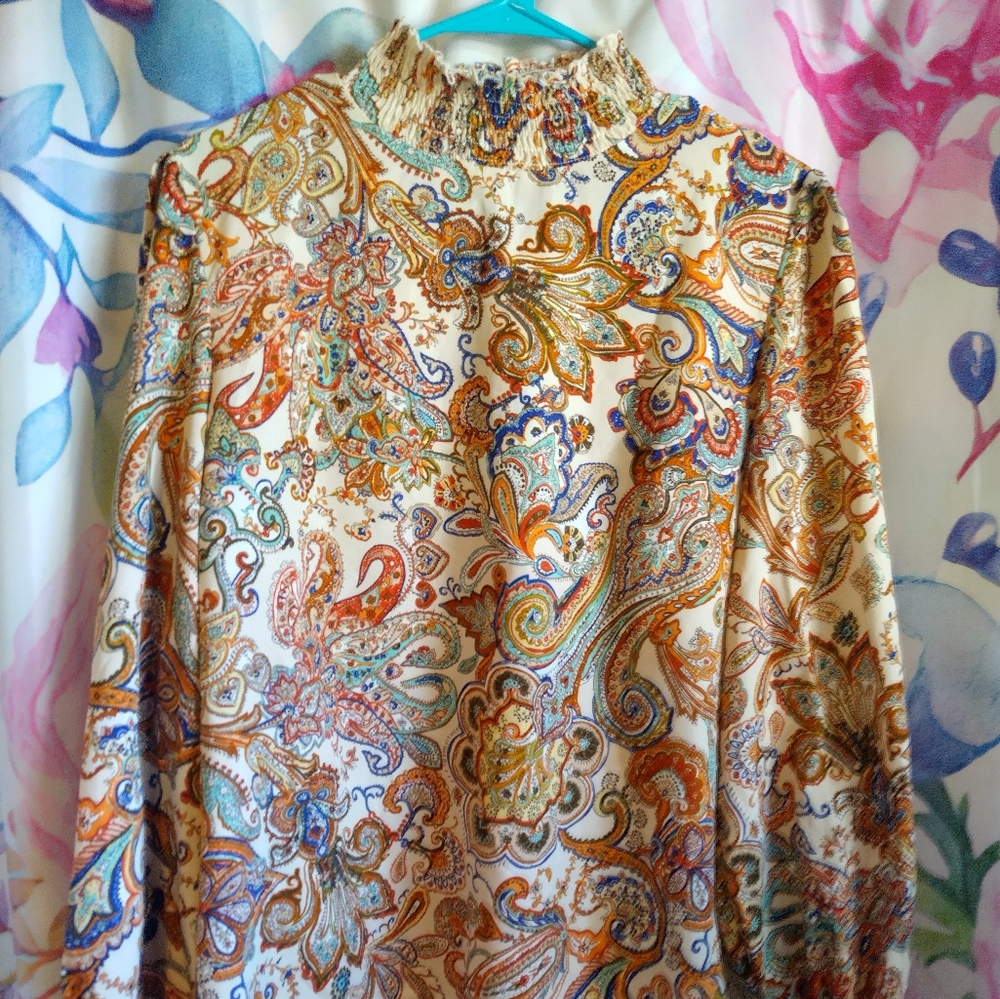 Paisley Long-Sleeve Blouse w/ Shirred Detail on Neckline and Wrists